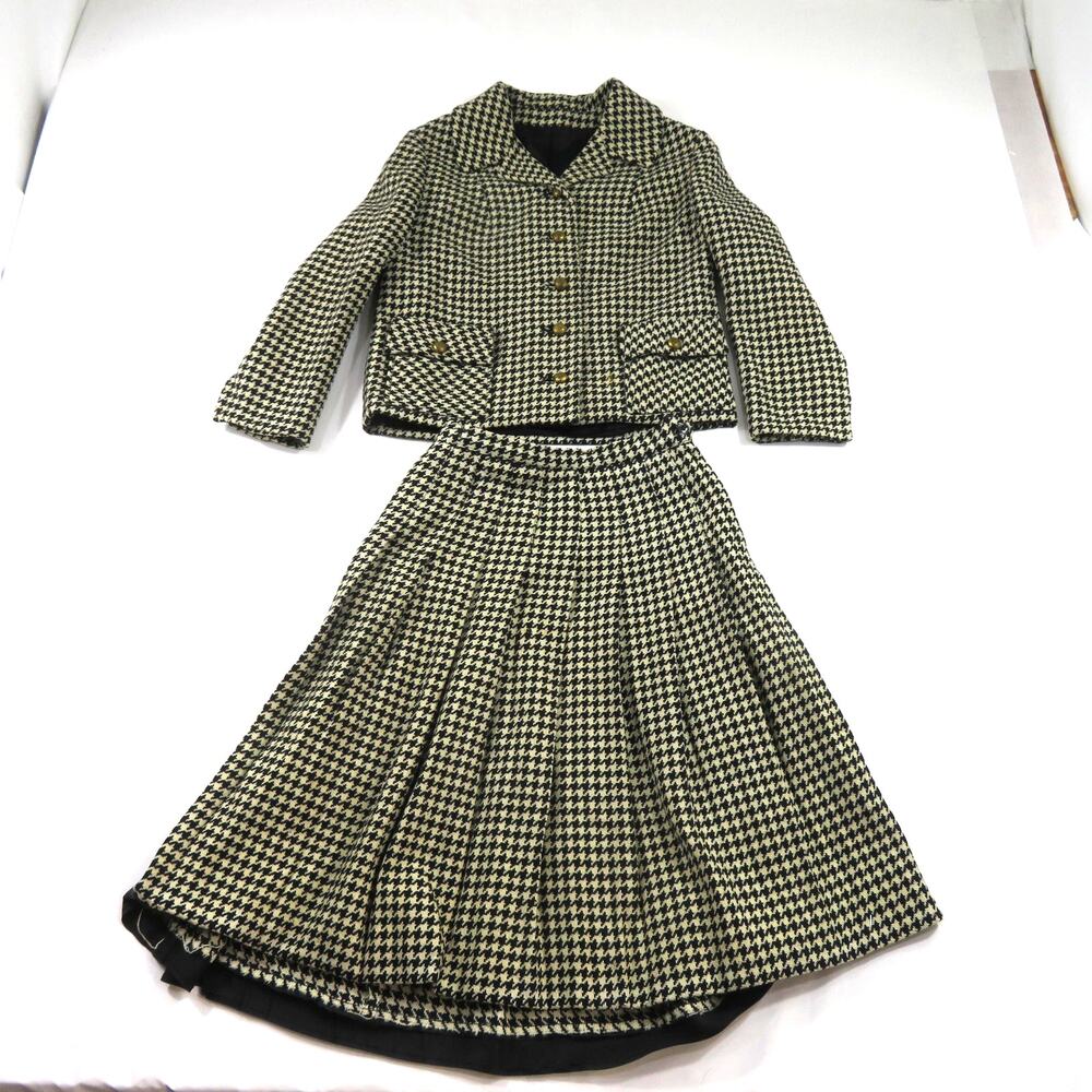 Natalie Green Houndstooth Suit Jacket Blazer and Skirt Black White Tweed 1960s